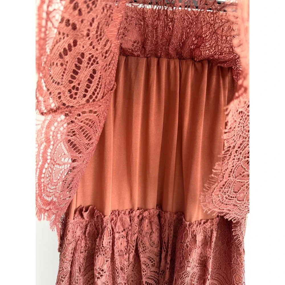 H&M Rust Brown Floral Lace Tiered Maxi Skirt Smocked Waist Size 2 Boho Summer